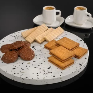 Okrągła deska do krojenia z konglomeratu kwarcowego Terazzo White o średnicy 30 cm